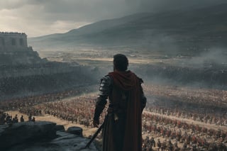 Roman legate, observing a battlefield, side shot, thousands of romans and barbarians are fighting in the backgound, two armies, battle, war scene, banners, (RAW photo, best quality), (realistic, photo-Realistic:1.3), best quality, masterpiece, beautiful and aesthetic, 32K, high contrast, (vibrant color:1.4), cinematic lighting, ambient lighting, sidelighting, exquisite details and textures, cinematic shot, (bright and intense:1.2), a flawlessly composed and exquisitely lit photograph captures the essence of art, filigree elements, glowing accents, perfect composition on complex backgrounds, breathtaking surreal masterpiece, hyperrealistic inspired by Egon Schiele, Luis Royo, artistic, enchanting colors, masterful shadows, hyper details, hyperrealistic, otherworldly, by Yoshitaka Amano, Yoji Shinkawa, complex background, perfect composition, epic, rtx on, octane render, UHD, ghost person