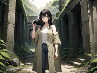 A mysterious 30-year-old lady with long black hair and intricate green eyes, 
wearing a beige loose sleeveless long linen coat over a white t-shirt, paired with jeans.
The lady is holding a DSLR camera, facing the bottom left corner of the screen, seriously taking a photo.
The background is in front of ancient ruins deep within the forest. 
Delicate, refined, a masterpiece.
