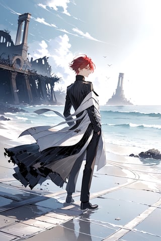 A mysterious and handsome 25-year-old man with red medium short hair hair and intricate red eyes, 
Wearing a fantastical white trench coat with black stripes over a black turtleneck, and black dress pants.
The man stands on the surface of the ocean, his eyes half-closed and expressionless as he gazes into the distance.
The background features ancient ruins floating on the ocean, with a railway track in the center of the scene leading to the ruins.
Delicate, refined, a masterpiece.