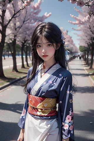 (panorama), (cowboy shooting), 1girl, solo, long hair, looking at audience, kimono, black hair, hair accessories, jewelry, very long hair, flowers, earrings, outdoor, sky, choker, daytime, clouds, hair flower, water, bag, tree, blue sky, perspective, white skirt, cherry blossoms