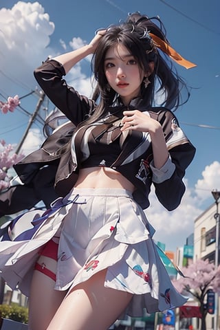 (panoramic), (cowboy shot), 1girl, solo, long hair, looking at viewer, skirt, shirt, black hair, hair ornament, jewelry, very long hair, white shirt, flower, earrings, outdoors, sky, choker, day, cloud, hair flower, water, bag, tree, blue sky, see-through, white skirt, cherry blossoms,Tomoeda_elementary_school_cheerleading_uniform,better_hands,1 girl,akeno himejima