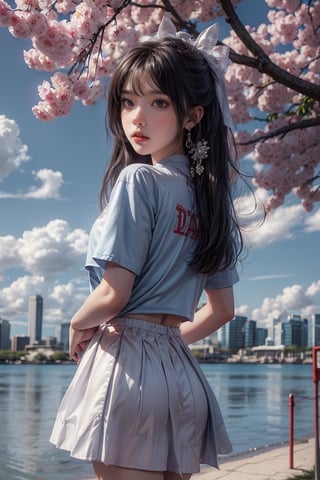 (panoramic), (cowboy shot), 1girl, solo, long hair, looking at viewer, skirt, shirt, black hair, hair ornament, jewelry, very long hair, white shirt, flower, earrings, outdoors, sky, choker, day, cloud, hair flower, water, bag, tree, blue sky, see-through, white skirt, cherry blossoms,Tomoeda_elementary_school_cheerleading_uniform