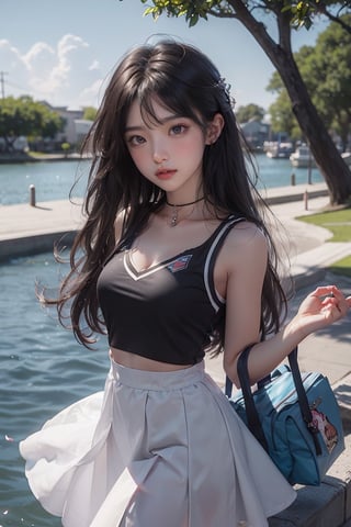 (panoramic), (cowboy shot), 1girl, solo, long hair, looking at viewer, skirt, shirt, black hair, hair ornament, jewelry, very long hair, white shirt, flower, earrings, outdoors, sky, choker, day, cloud, hair flower, water, bag, tree, blue sky, see-through, white skirt, cherry blossoms,Tomoeda_elementary_school_cheerleading_uniform