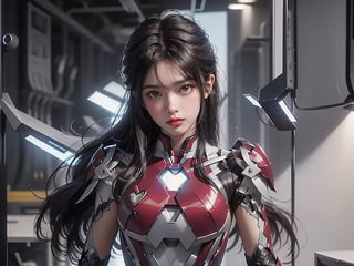 In a modern technology laboratory, a young girl wears Iron Man's armor, but she doesn't wear a helmet. Her armor exudes a metallic sheen, displaying the power and advanced design of futuristic technology.

The girl's figure is slender, but after wearing armor, she looks more determined and powerful. Her eyes are full of confidence and determination, as if declaring her brave pursuit and challenge for the future.

The chest and shoulders of the armor are decorated with blue lights, showing that the energy source inside the armor is running, providing her with great strength and protection. Equipped with armored controllers on her arms, she's ready to take on any challenge.

Around her, various equipment and screens in the technology laboratory emit a blue light, creating a sense of modernity and technology. Wearing Iron Man's armor, this girl seemed to show her future potential and power, attracting everyone's attention and becoming a new star in the world of technology.background blur

This scene shows a strong and confident girl wearing Iron Man's armor, showing her confidence and courage for the future. Her dress not only demonstrates her love and pursuit of technology, but also expresses her confidence and expectations for the infinite possibilities of her future.,mecha