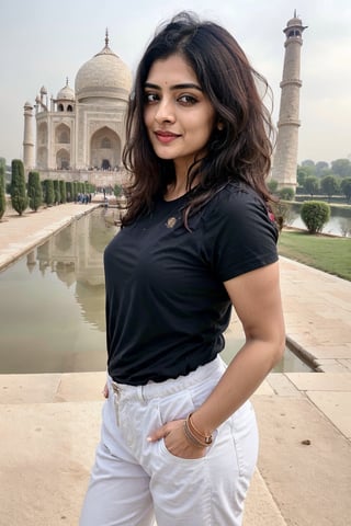 lovely cute young attractive indian girl in a brown tshirt and white trouser  , 25 years old, cute, an Instagram model, long black hair, colorful hair, summer, 1girl, one girl
background details :  girl standing in front of the iconic Taj Mahal in Agra, India. The girl should be positioned in the foreground. She can be admiring the architectural wonder, posing for a photo, or simply taking in the grandeur of the surroundings. smiling 
