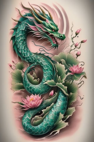 A tattoo of a tranquil dragon, rendered in shades of green and teal, coils peacefully along the arm. The dragon’s backdrop includes serene lotus flowers in soft pinks and whites, emerging from gentle, flowing water. Bamboo stalks rise along the sides of the arm, adding a sense of calm and strength. This design evokes a sense of peace and resilience.
