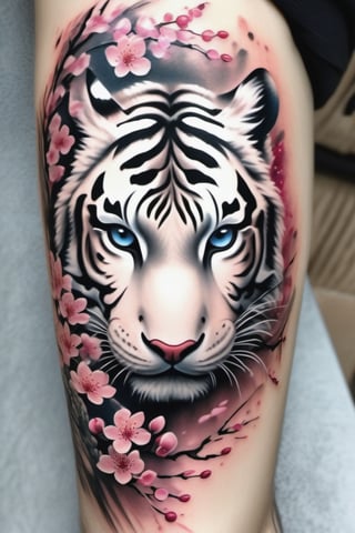 An image of a realistic leg tattoo depicting a majestic white tiger crouched amidst falling cherry blossoms. The tiger's fur should have detailed shading to highlight its white and gray tones, with piercing blue eyes. The cherry blossoms are soft pink, with petals gently falling around the tiger. The background should be subtly shaded to enhance the tiger and flowers.