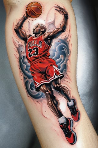 A thigh tattoo depicting an abstract design of Michael Jordan performing his famous "Air Jordan" slam dunk. The figure is stylized with elongated limbs and exaggerated motion lines to emphasize movement. The number 23 is creatively integrated into the tattoo, with each digit following the curve of his flying silhouette.

