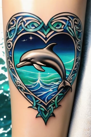 An arm tattoo of a dolphin, sleek and shimmering with silvery hues, captured mid-jump through a large, ornate heart-shaped frame. Celtic knots and vibrant blue and green sea glass accents, set against a backdrop of deep ocean blues and sparkling sunlight on water.