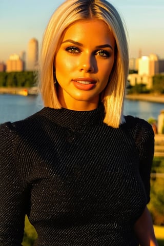 a beautiful chic women wearing chic attire, subtle makeup, platinum blonde hair, confident pose, with a cityscape background during golden hour