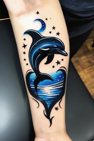 An artistic, stylized arm tattoo of a dolphin outlined in bold black ink, jumping through a heart that is filled with a starry night sky design. The stars and moon within the heart are glowing softly, contrasting against the dark blue and black shades of the nocturnal sky.