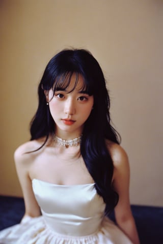 A dreamy, nostalgic scene unfolds as a 22-year-old girl with raven-black hair and porcelain-pale skin sits serenely against a dark, cinematic background. Her delicate features are partially obscured by a floral choker that blooms across her left eye like a tender vine. A soft, white satin skirt flows around her upper body, creating a sense of gentle movement. The vintage, analog photo aesthetic is heightened by the warm, faded tones and visible film grain, evoking a sense of nostalgia. The composition is illuminated by a subtle Tyndall effect, casting a mystical glow on the subject's features. Every detail is meticulously rendered, from the fine dust particles suspended in mid-air to the beautifully detailed shadows that dance across her skin. Hyper-detailed, this illustration masterfully captures the essence of a bygone era.