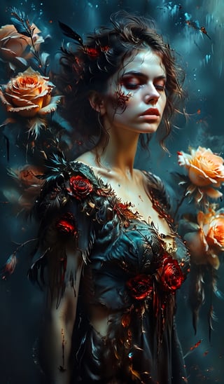 Fantasy art style, Ethereal, disturbing cursed roses feathers embers, rich dark colors vibrant style dark hues, night, upper body portrait, uhd overalldetail 32k.,Expressiveh