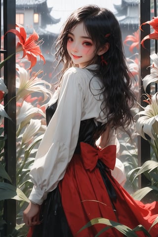 //quality, masterpiece:1.4, detailed:1.4,best quality:1.4,//(heavy raining),(red sky), (cloudy),fog, spider_lily_(flower),(garden),fence,//,1girl,solo,(loli),//, black_hair,long hair, straight_hair,sidelocks,closed_eyes,//,(black dress),white shirt,bow,long_sleeves,(white sleeves),black shoes,(wet),wet hair,wet clothes,wet legs,//,closed_mouth,smile,blush,//,standing,(holding flowers,spider_lily),//,(straight-on),Deformed,reflection,Storybook Style,illustration,close_up portrait,emo
