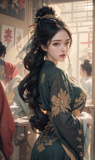 Natural Light, (Best Quality, highly detailed, Masterpiece:1.2), 16k, depth of field, ((wide shot)), 1girl A lady with long black hair, Full body picture,Tang Dynasty Clothing, dark green silk thread, Transparent watercolor, splash ink rendering, chaos rendering, (beautiful and detailed eyes), (realistic detailed skin texture), (detailed hair), (realistic light and shadow), (clean outline, sketch style line art),ink splash,solid color background