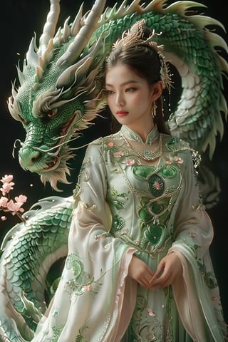 A serene scene unfolds: a woman, resplendent in traditional green and white attire, stands beside a majestic green dragon. Her ornate headpiece glimmers softly as she cradles a delicate object. The dragon's intricate scales and calm expression create a sense of harmony as it wraps around her, forming a protective bond. Against the dark backdrop, subtle lighting highlights the duo, while floating pink flowers add to the ethereal ambiance.,more detail XL,glitter