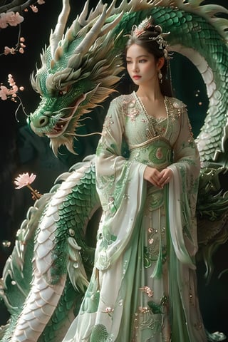 A serene scene unfolds: a woman, resplendent in traditional green and white attire, stands beside a majestic green dragon. Her ornate headpiece glimmers softly as she cradles a delicate object. The dragon's intricate scales and calm expression create a sense of harmony as it wraps around her, forming a protective bond. Against the dark backdrop, subtle lighting highlights the duo, while floating pink flowers add to the ethereal ambiance.,more detail XL,glitter