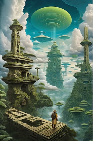 masterpiece, highly detailed, In the heart of the jungle amidst the remnants of a bygone era, the explorer stands amidst the Alien Ruins, he expression a blend of wonder and determination as he contemplates the intersection of Science Fiction and reality, the swirling clouds overhead a symbol of the turbulent journey that lies ahead, Intense contrasts, surreal, 

add_more_creative
