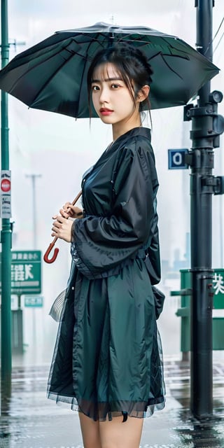 A stunning photorealistic masterpiece, 'Rainy Night Serenade', featuring a captivating Japanese beauty clad in a sleek black dress, dramatically posed beneath a vibrant green umbrella. She stands next to busstop.. Framed against a misty cityscape at dusk, the subject's delicate features and intricate accessories are meticulously rendered in ultra-detailed 8K resolution, perfect for an awe-inspiring desktop wallpaper.,Japanese,idol