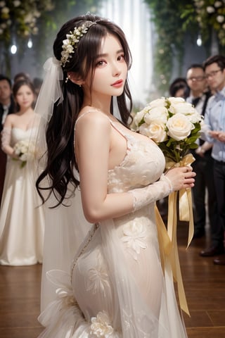 (masterpiece, best quality, highres:1.3), (Gray eyes, black hair, medium hair, wavy hair, hair between eyes, 1girl, big breasts) upperbody, A delicate, ethereal flowing hair, adorned with foliage. dressed in an intricate, yellow silky, high-quality wedding dress. holding a bouquet of glowing, white flowers. Soft, glowing orbs surround the figure, adding to the dreamy, mystical atmosphere. Wedding, bride, She is a queen,, beauty, idol,Japanese,maw4r,n4git4