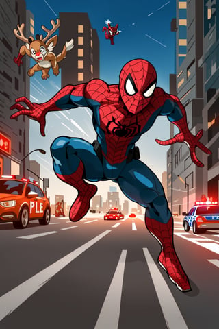 Generate an image of Spider-Man engaged in a high-speed chase with police officers through the bustling streets of a city. The scene captures the intensity of the pursuit, with Spider-Man dodging obstacles and leaping across rooftops, all while being pursued by multiple police cars and helicopters,furry,Rudolf_Red_Nose