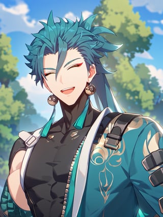 Masterpiece, best quality, amazing quality, best aesthetic, amazing quality, 1boy, solo, male focus, jiyan_wuwa, green hair, long hair, yellow eyes,red eyeliner, outside, woods, clouds, blue sky, upper body only, giggles, closed eyes, open mouth, smile, facing to viewer