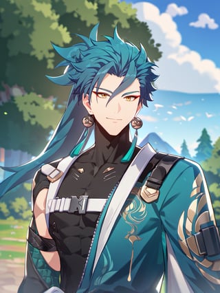 Masterpiece, best quality, amazing quality, best aesthetic, amazing quality, 1boy, solo, male focus, jiyan_wuwa, green hair, long hair, yellow eyes,red eyeliner, outside, woods, clouds, blue sky, upper body only, smile, looking at viewer