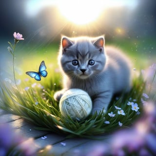 ((ultra realistic photo)), artistic sketch art, Make a little pencil sketch of a cute TINY BRITISH shorthaired KITTY play with a ball of yarn in the grass , art, textures, pure perfection, high definition, feather around, TINY DELICATE FLOWERS, ball of yarn, flower petals , Sun beam, butterfly, tiny dew drops, detailed calligraphy texts, tiny delicate drawings,LegendDarkFantasy