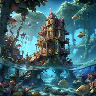 MAGICAL cute STORYBOOK tropical bay , shabby STYLE lovely house on the tropical bay ON THE book PAGE, summer, tropical fish in the water. Modifiers: highly detailed dof trending on cgsociety steampunk fantastic view ultra detailed 4K 3D whimsical Storybook beautifully lit etheral highly intricate stunning color depth disorderly outstanding cute illustration cuteaesthetic Boris Vallejo style shadow play The mood is Mysterious and Spellbinding, with a sense of otherworldliness otherwordliness macro photography style LEONARDO DIFFUSION XL STYLE vintage-boho