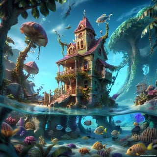 MAGICAL cute STORYBOOK tropical bay , shabby STYLE lovely house on the tropical bay ON THE book PAGE, summer, tropical fish in the water. Modifiers: highly detailed dof trending on cgsociety steampunk fantastic view ultra detailed 4K 3D whimsical Storybook beautifully lit etheral highly intricate stunning color depth disorderly outstanding cute illustration cuteaesthetic Boris Vallejo style shadow play The mood is Mysterious and Spellbinding, with a sense of otherworldliness otherwordliness macro photography style LEONARDO DIFFUSION XL STYLE vintage-boho,stopmotion