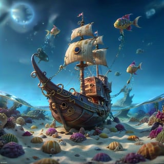 POV angle water worm's-eye view, MAGICAL cute STORYBOOK tropical bay , shabby STYLE lovely sailing ship on the beach, view on the tropical bay , summer, semi underwater view, colorful fish underwater. Modifiers: highly detailed dof trending on cgsociety steampunk fantastic view ultra detailed 4K 3D whimsical Storybook beautifully lit etheral highly intricate stunning color depth disorderly outstanding cute illustration cuteaesthetic Boris Vallejo style shadow play The mood is Mysterious and Spellbinding, with a sense of otherworldliness otherwordliness macro photography style LEONARDO DIFFUSION XL STYLE