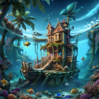 MAGICAL cute STORYBOOK tropical bay , shabby STYLE lovely house on the tropical bay ON THE book PAGE, summer, tropical fish in the water. Modifiers: highly detailed dof trending on cgsociety steampunk fantastic view ultra detailed 4K 3D whimsical Storybook beautifully lit etheral highly intricate stunning color depth disorderly outstanding cute illustration cuteaesthetic Boris Vallejo style shadow play The mood is Mysterious and Spellbinding, with a sense of otherworldliness otherwordliness macro photography style LEONARDO DIFFUSION XL STYLE vintage-boho,stopmotion