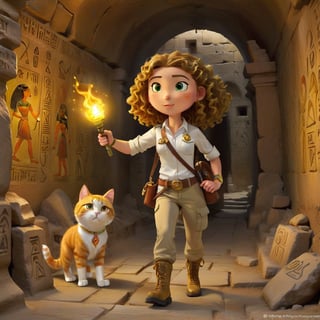 one clumsy explorer woman in cargo pants khaki boots and white shirt, curly long hair,  exploring the Pharao's catacomb with a torch, anchient Egyptian golden paintings, runes on the wall, one cute cat with the explorer ,cute cartoon 