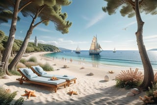 A serene NIzza beach scene unfolds before us. Little apartman house with terrace. Soft white sand stretches beneath the gentle sway of trees, while a family plays and laughs together and sunbathe. In the distance, a majestic sailing ship glides across the calm sea, its sails billowing in the breeze. Blankets scatter the shore, topped with tiny treasures: delicate sea-shells and starfish. The highly detailed landscape, reminiscent of Jean-Jacques Sempé's whimsical illustrations from Petit Nicolas, comes to life in PASTEL SHADES.