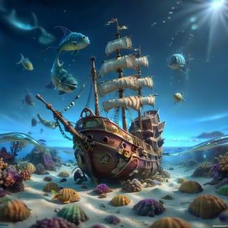 POV angle water worm's-eye view, MAGICAL cute STORYBOOK tropical bay , shabby STYLE lovely sailing ship on the beach, view on the tropical bay , summer, semi underwater view, colorful fish underwater. Modifiers: highly detailed dof trending on cgsociety steampunk fantastic view ultra detailed 4K 3D whimsical Storybook beautifully lit etheral highly intricate stunning color depth disorderly outstanding cute illustration cuteaesthetic Boris Vallejo style shadow play The mood is Mysterious and Spellbinding, with a sense of otherworldliness otherwordliness macro photography style LEONARDO DIFFUSION XL STYLE