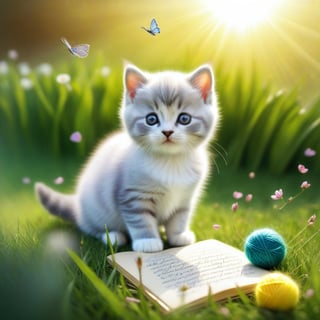 ((ultra realistic photo)), artistic sketch art, Make a little pencil sketch of a cute TINY BRITISH shorthaired CAT play with a ball of yarn  in the grass , art, textures, pure perfection, high definition, feather around, TINY DELICATE FLOWERS, ball of yarn, flower petals , Sun beam, butterfly, tiny cat toys, detailed calligraphy texts, tiny delicate drawings,LegendDarkFantasy