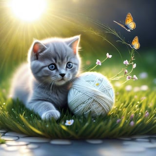 ((ultra realistic photo)), artistic sketch art, Make a little pencil sketch of a cute TINY BRITISH shorthaired CAT play with a ball of yarn in the grass , art, textures, pure perfection, high definition, feather around, TINY DELICATE FLOWERS, ball of yarn, flower petals , Sun beam, butterfly, tiny dew drops, detailed calligraphy texts, tiny delicate drawings,LegendDarkFantasy