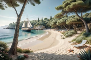 A serene NIzza beach scene unfolds before us. Little apartman house with terrace. Soft white sand stretches beneath the gentle sway of trees, while a family plays and laughs together and sunbathe. In the distance, a majestic sailing ship glides across the calm sea, its sails billowing in the breeze. Blankets scatter the shore, topped with tiny treasures: delicate sea-shells and starfish. The highly detailed landscape, reminiscent of Jean-Jacques Sempé's whimsical illustrations from Petit Nicolas, comes to life in PASTEL SHADES.