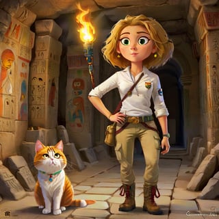 one tall skiny explorer woman in cargo pants khaki boots and white shirt, bob hair, lovely eyes,  exploring the Pharao's catacomb with a torch with a cat!  anchient Egyptian colorful detailed paintings, runes on the wall, one cute persian cat with the explorer.