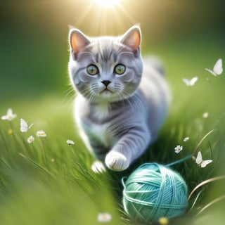 ((ultra realistic photo)), artistic sketch art, Make a little pencil sketch of a cute TINY BRITISH shorthaired CAT play with a ball of yarn  in the grass , art, textures, pure perfection, high definition, feather around, TINY DELICATE FLOWERS, ball of yarn, flower petals , Sun beam, butterfly, tiny cat toys, detailed calligraphy texts, tiny delicate drawings