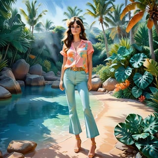 young girl , lazy long hair style, long legs, tropical lagoon spring sunny bay (full body shot, '60s hippi style pastell outfit, loose baggy jeans). Modifiers:modern colorful illustration style VINTAGE fashion illustration, by Coby Whitmore, Haddon Sundblom. VINTAGE 1960s hippie fashion illustration, whimsical style, intricately textured and detailed, Pomological Watercolor, depth of field, ultra quality ,ink art, transparent fading , shadow play, high colour contrast, AirBrush,mdsktch sketch of