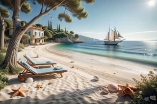 A serene NIzza beach scene unfolds before us. Little apartman house with terrace. Soft white sand stretches beneath the gentle sway of trees, while a family plays and laughs together and sunbathe. In the distance, a majestic sailing ship glides across the calm sea, its sails billowing in the breeze. Blankets scatter the shore, topped with tiny treasures: delicate sea-shells and starfish. The highly detailed landscape, reminiscent of Jean-Jacques Sempé's whimsical illustrations from Petit Nicolas, comes to life in PASTEL SHADES.