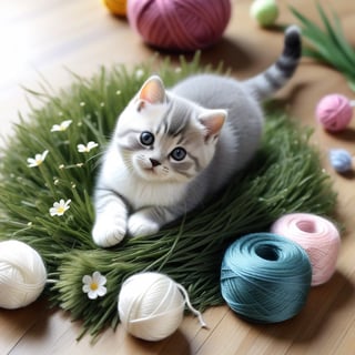 ((ultra realistic photo)), artistic sketch art, Make a little pencil sketch of a cute TINY BRITISH shorthaired CAT play with a ball of yarn  on a bunch of grass , art, textures, pure perfection, high definition, feather around, TINY DELICATE FLOWERS, ball of yarn, flower petals ,tiny yarn fibers, Sun beam, butterfly, tiny cat toys, detailed calligraphy texts, tiny delicate drawings