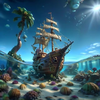 POV angle water, MAGICAL cute STORYBOOK tropical bay , shabby STYLE lovely sailing ship on the beach, view on the tropical bay , summer, semi underwater view, treasures underwater.  Modifiers: highly detailed dof trending on cgsociety steampunk fantastic view ultra detailed 4K 3D whimsical Storybook beautifully lit etheral highly intricate stunning color depth disorderly outstanding cute illustration cuteaesthetic Boris Vallejo style shadow play The mood is Mysterious and Spellbinding, with a sense of otherworldliness  otherwordliness macro photography style LEONARDO DIFFUSION XL STYLE vintage-futuristic