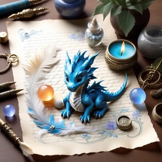((ultra ARTISTIC sketch)), (artistic sketch art), Make a 3d DETAILED old torn paper scroll on a scraped old desk (detailed calligraphic texts on the paper, tiny miniature cute sleepy baby dragon scraping on the paper, and silver feather pendant with opal ball) crystal, silver coin, little moonstone gem , tiny candle, tiny potion jar,, delicate flowers, DISORDERED,Dragonyear ,girl,stworki,disney style,Cartoon