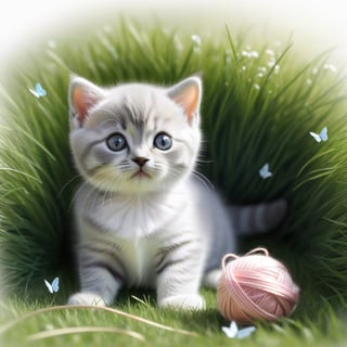 ((ultra realistic photo)), artistic sketch art, Make a little pencil sketch of a cute TINY BRITISH shorthaired CAT play with a ball of yarn  in the grass , art, textures, pure perfection, high definition, feather around, TINY DELICATE FLOWERS, ball of yarn, flower petals , Sun beam, butterfly, tiny cat toys, detailed calligraphy texts, tiny delicate drawings