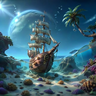 POV angle water, MAGICAL cute STORYBOOK tropical bay , shabby STYLE lovely sailing ship on the beach, view on the tropical bay , summer, semi underwater view.  Modifiers: highly detailed dof trending on cgsociety steampunk fantastic view ultra detailed 4K 3D whimsical Storybook beautifully lit etheral highly intricate stunning color depth disorderly outstanding cute illustration cuteaesthetic Boris Vallejo style shadow play The mood is Mysterious and Spellbinding, with a sense of otherworldliness  otherwordliness macro photography style LEONARDO DIFFUSION XL STYLE vintage-futuristic