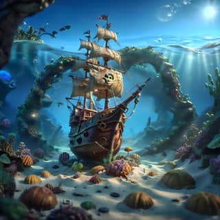 POV angle water worm's-eye view, MAGICAL cute STORYBOOK tropical bay , shabby STYLE lovely sailing ship on the beach, view on the tropical bay , summer, semi underwater view, pirate treasures underwater.  Modifiers: highly detailed dof trending on cgsociety steampunk fantastic view ultra detailed 4K 3D whimsical Storybook beautifully lit etheral highly intricate stunning color depth disorderly outstanding cute illustration cuteaesthetic Boris Vallejo style shadow play The mood is Mysterious and Spellbinding, with a sense of otherworldliness  otherwordliness macro photography style LEONARDO DIFFUSION XL STYLE 