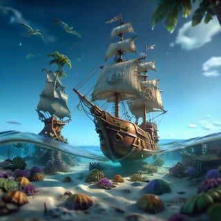 POV angle water, MAGICAL cute STORYBOOK tropical bay , shabby STYLE lovely sailing ship on the beach, view on the tropical bay , summer, semi underwater view.  Modifiers: highly detailed dof trending on cgsociety steampunk fantastic view ultra detailed 4K 3D whimsical Storybook beautifully lit etheral highly intricate stunning color depth disorderly outstanding cute illustration cuteaesthetic Boris Vallejo style shadow play The mood is Mysterious and Spellbinding, with a sense of otherworldliness  otherwordliness macro photography style LEONARDO DIFFUSION XL STYLE vintage-futuristic