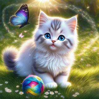 a cute BRITISH shorthaired BLUE EYED HAPPY PLAYFUL KITTY play with a ball of yarn in the grass , (art, textures, pure perfection, high definition), feathers around, TINY DELICATE FLOWERS, ball of yarn, flower petals , Sun beam, 1SOAP BUBBLE, butterfly, tiny dew drops float, detailed calligraphy texts float, tiny delicate drawings, , ct-nijireal